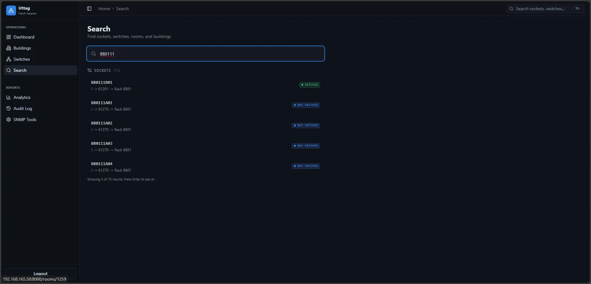 Unified search results for sockets, switches, rooms, and buildings