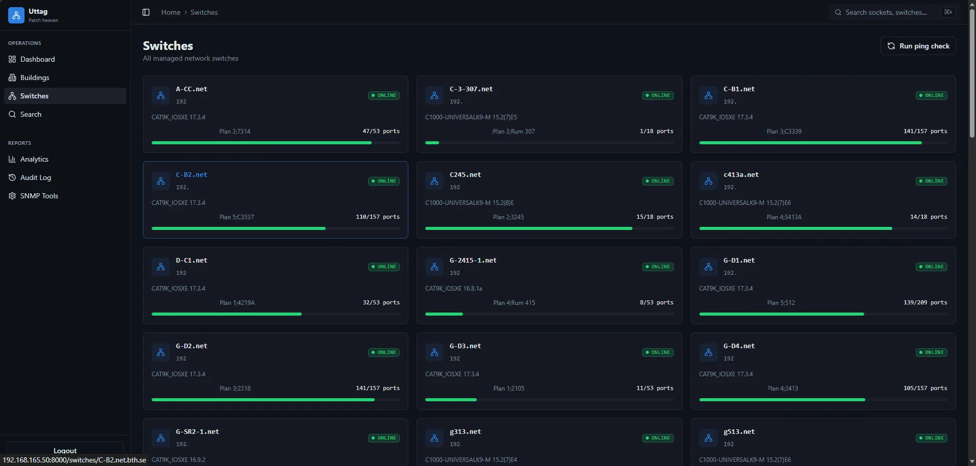 Switch overview cards with status, model, and port utilization