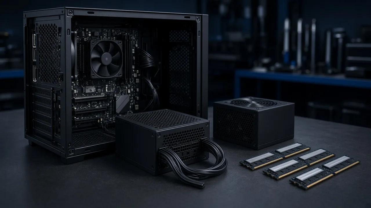 Open PC case with power supply and RAM modules on a workbench, no people