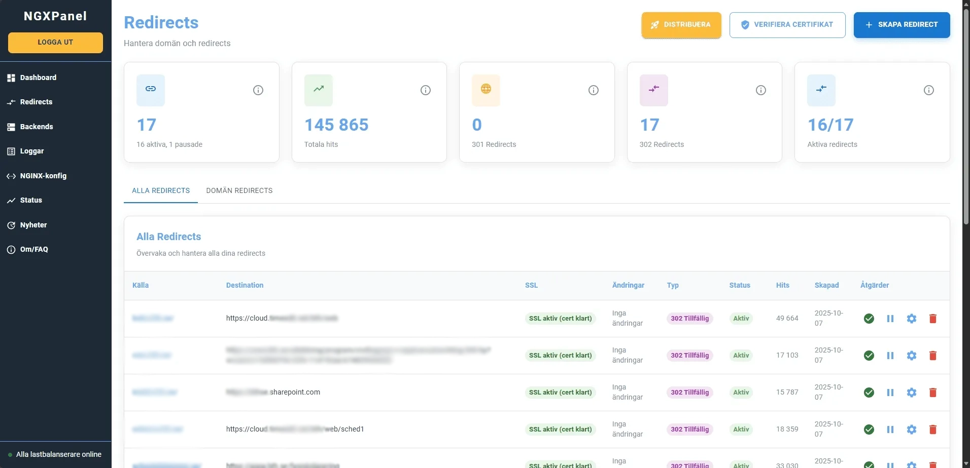 Redirect management interface showing 301 and 302 rules, domain mapping, and validation tools for infrastructure operations