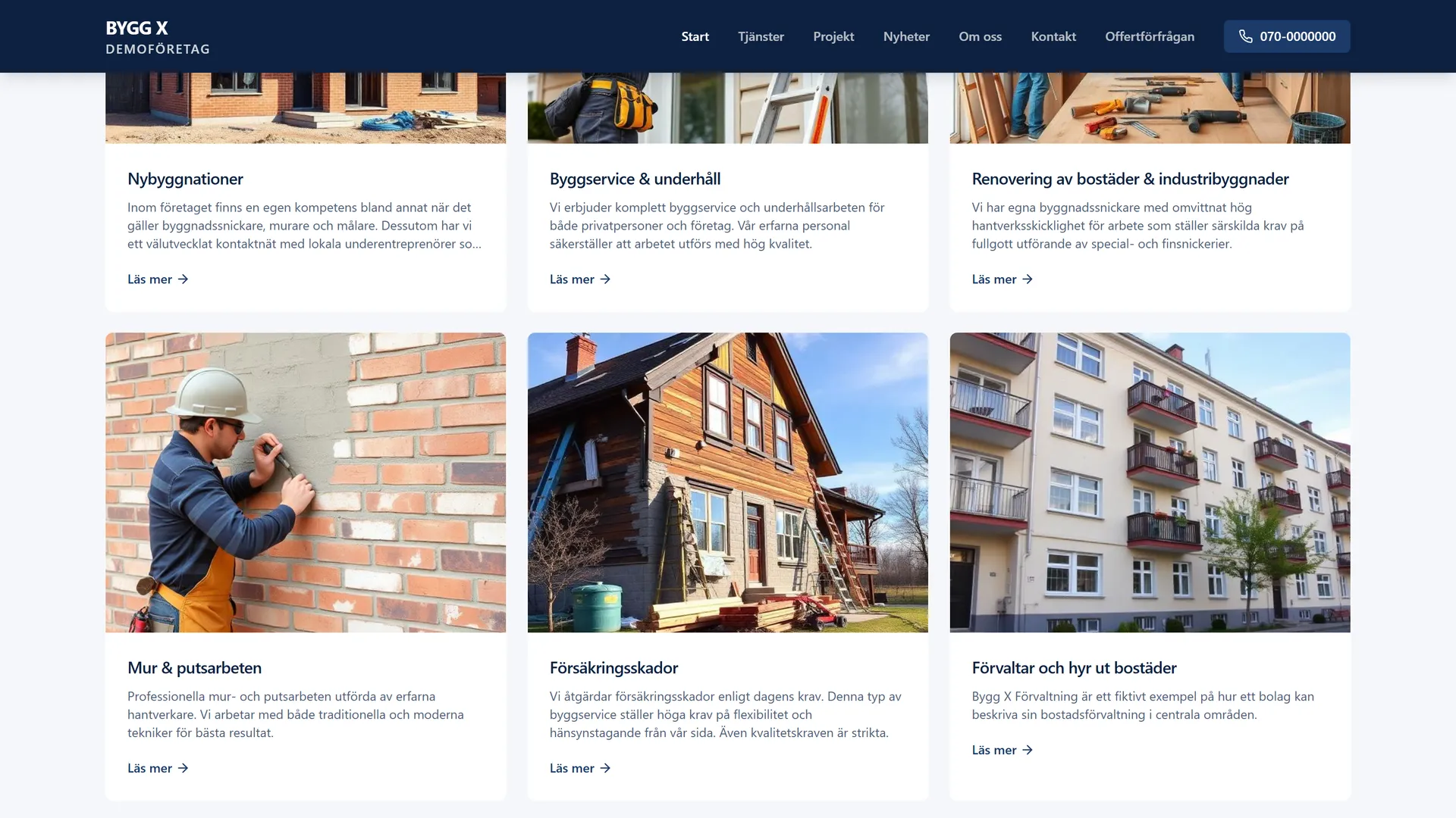 Six service cards covering builds, masonry, and rentals