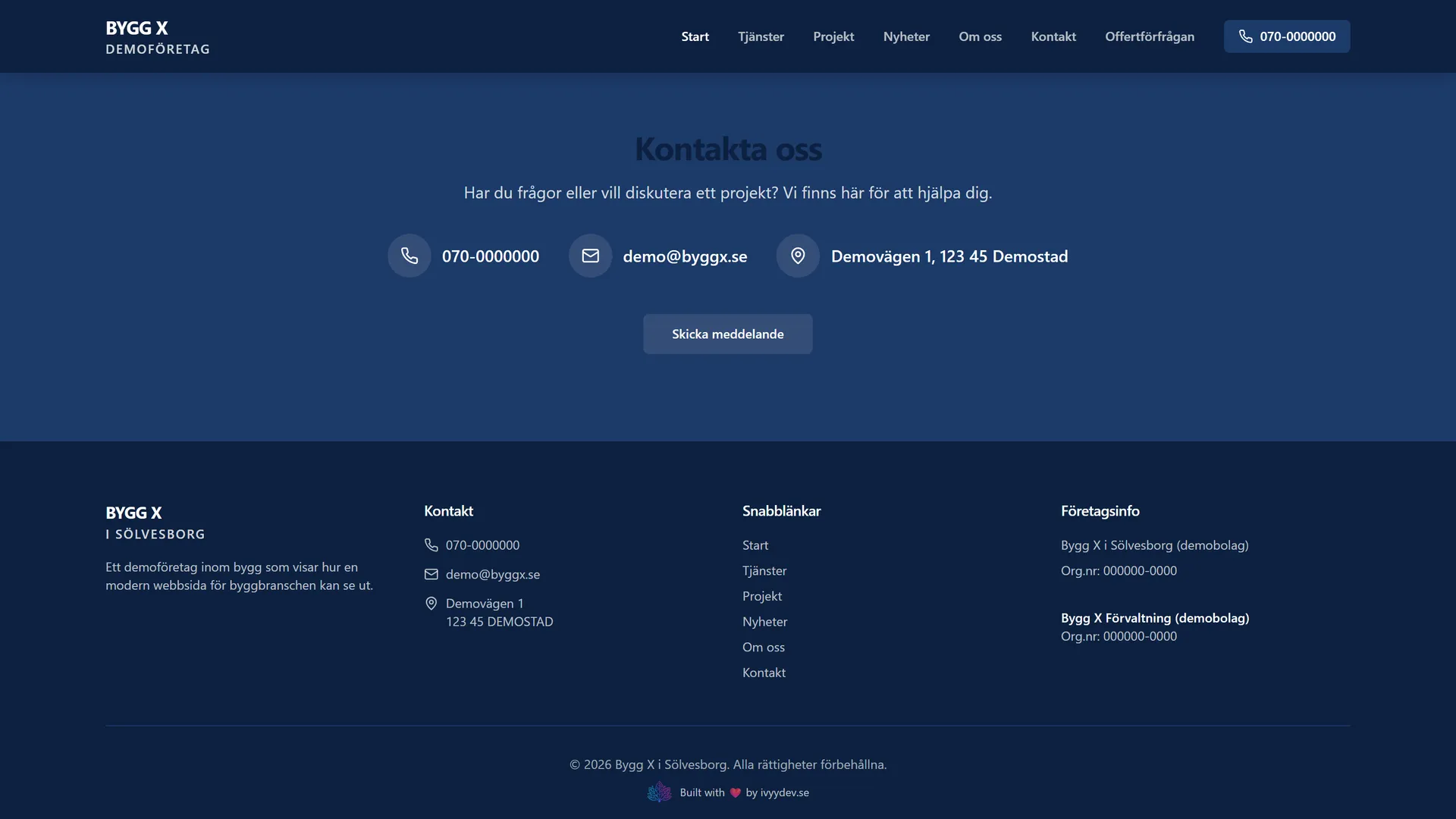Dark contact strip with phone, email, address, and footer