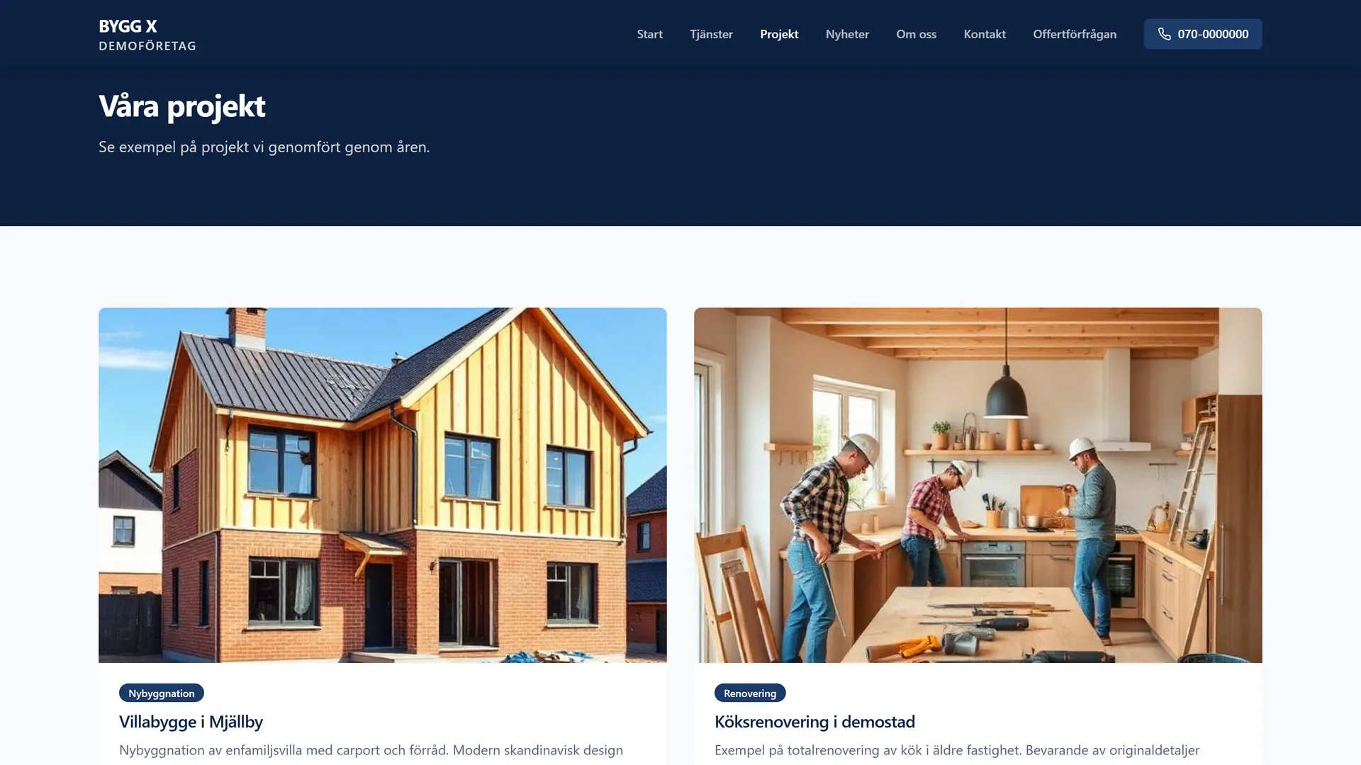 Projects page with villa build and kitchen renovation cards