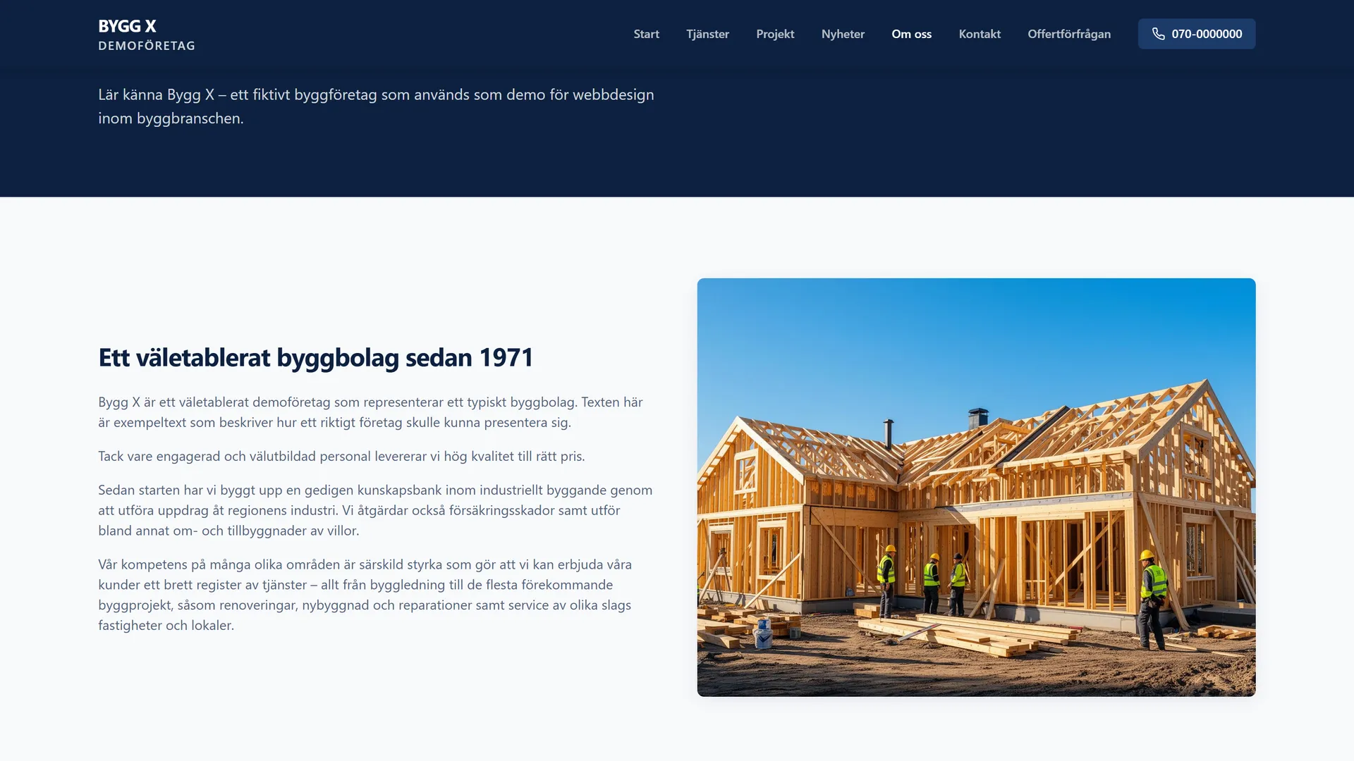 About page text beside workers at a wooden house frame