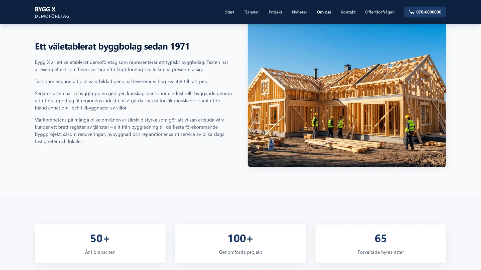 About page with construction photo and statistic cards