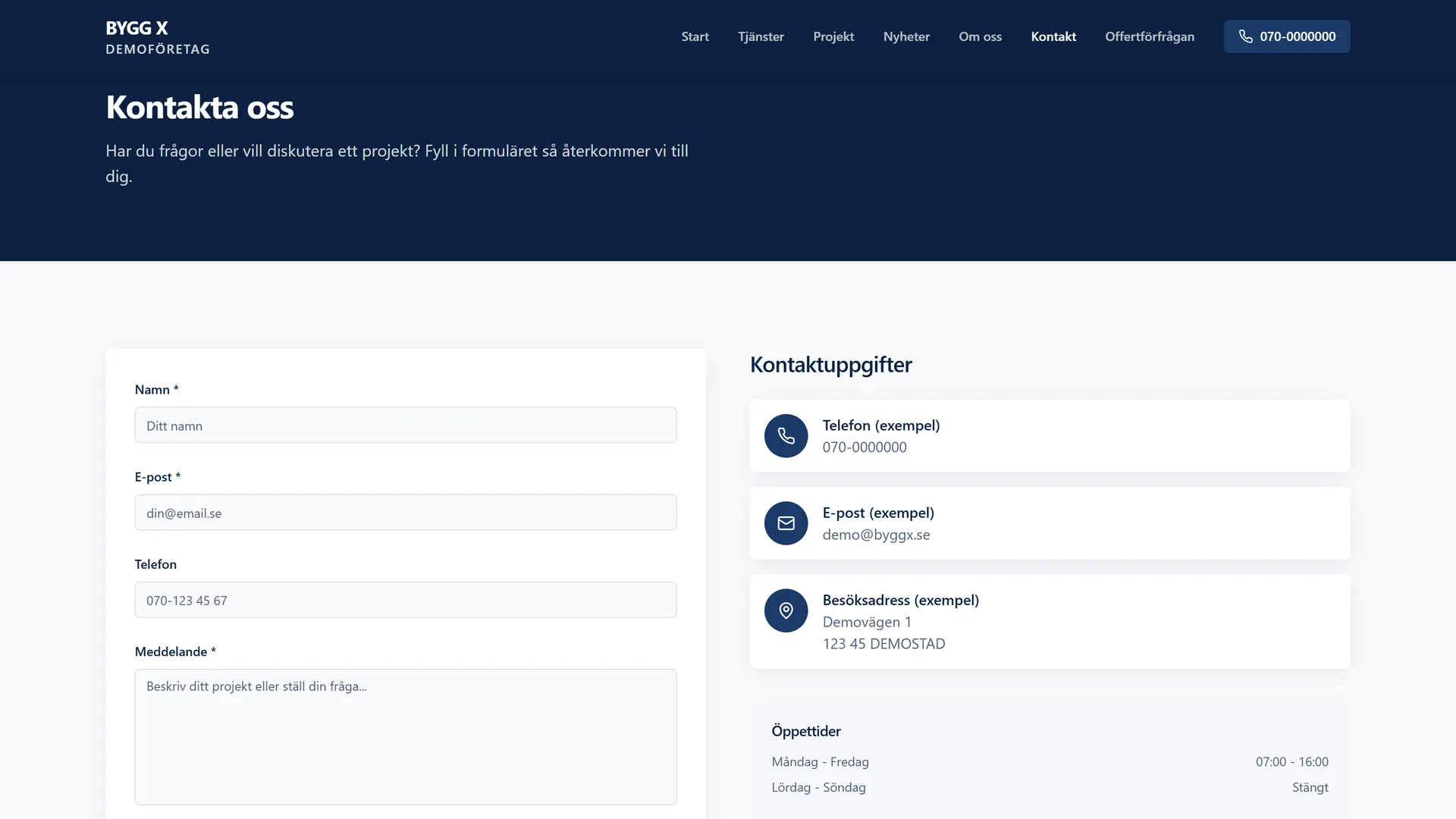 Contact page form beside phone, email, and opening hours