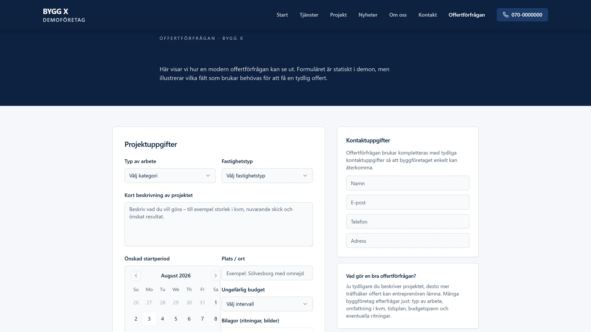 Quote request form with work type, calendar, and contacts