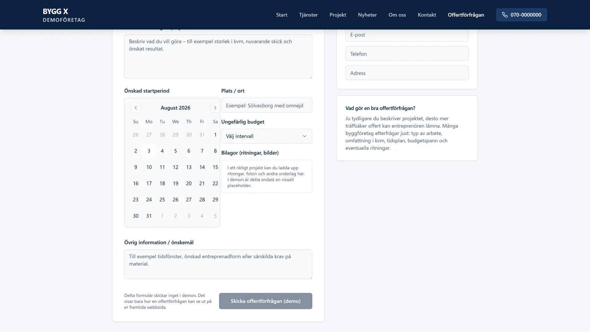 Lower quote form with location, budget, and attachments