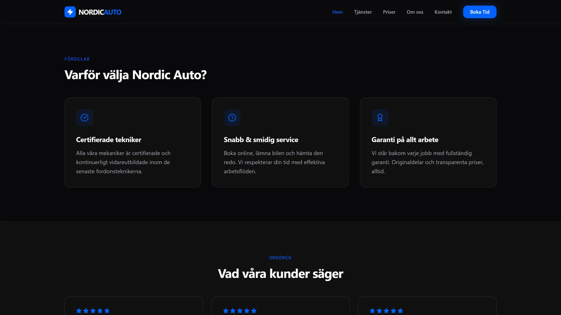 Tre fördelskort under Varför välja Nordic Auto