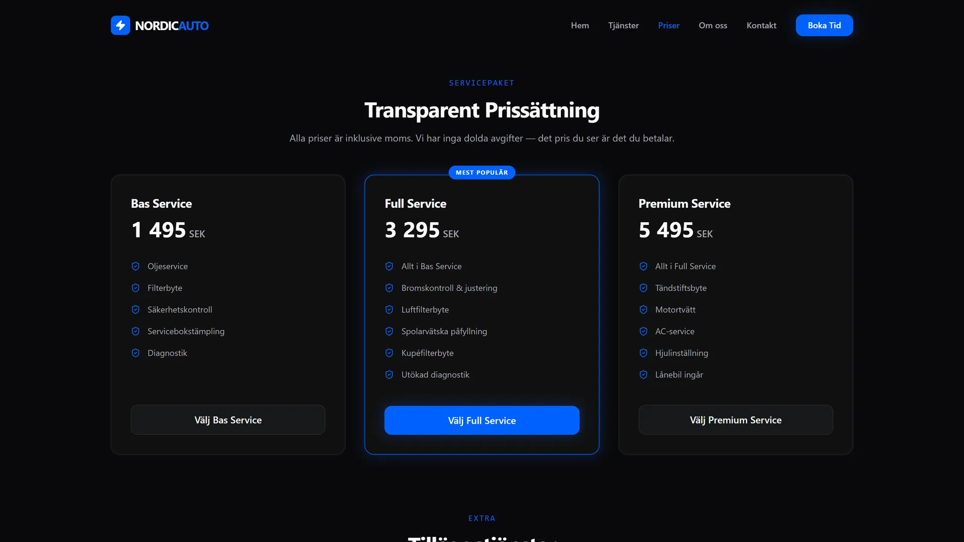 Tre servicepaket Bas, Full och Premium med priser