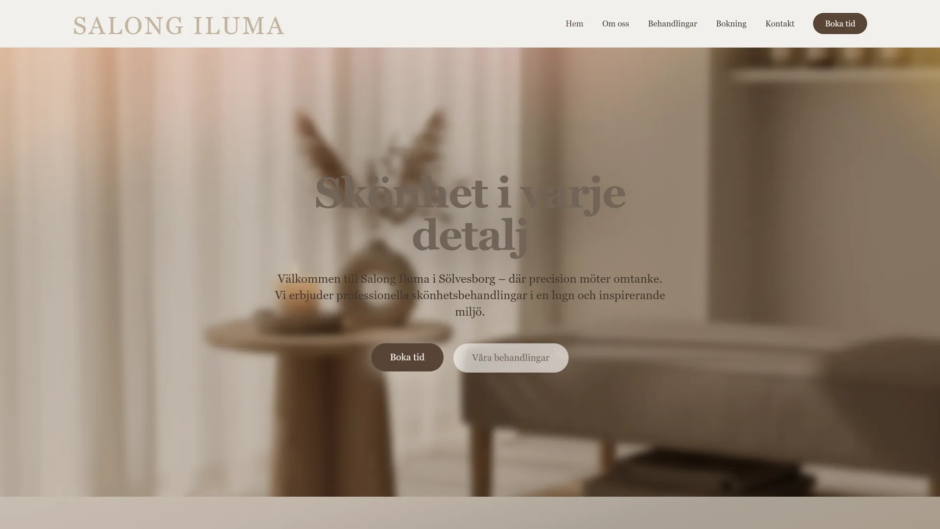 Salong Ilumas startsida över mjuk salongsmiljö med Skönhet i varje detalj