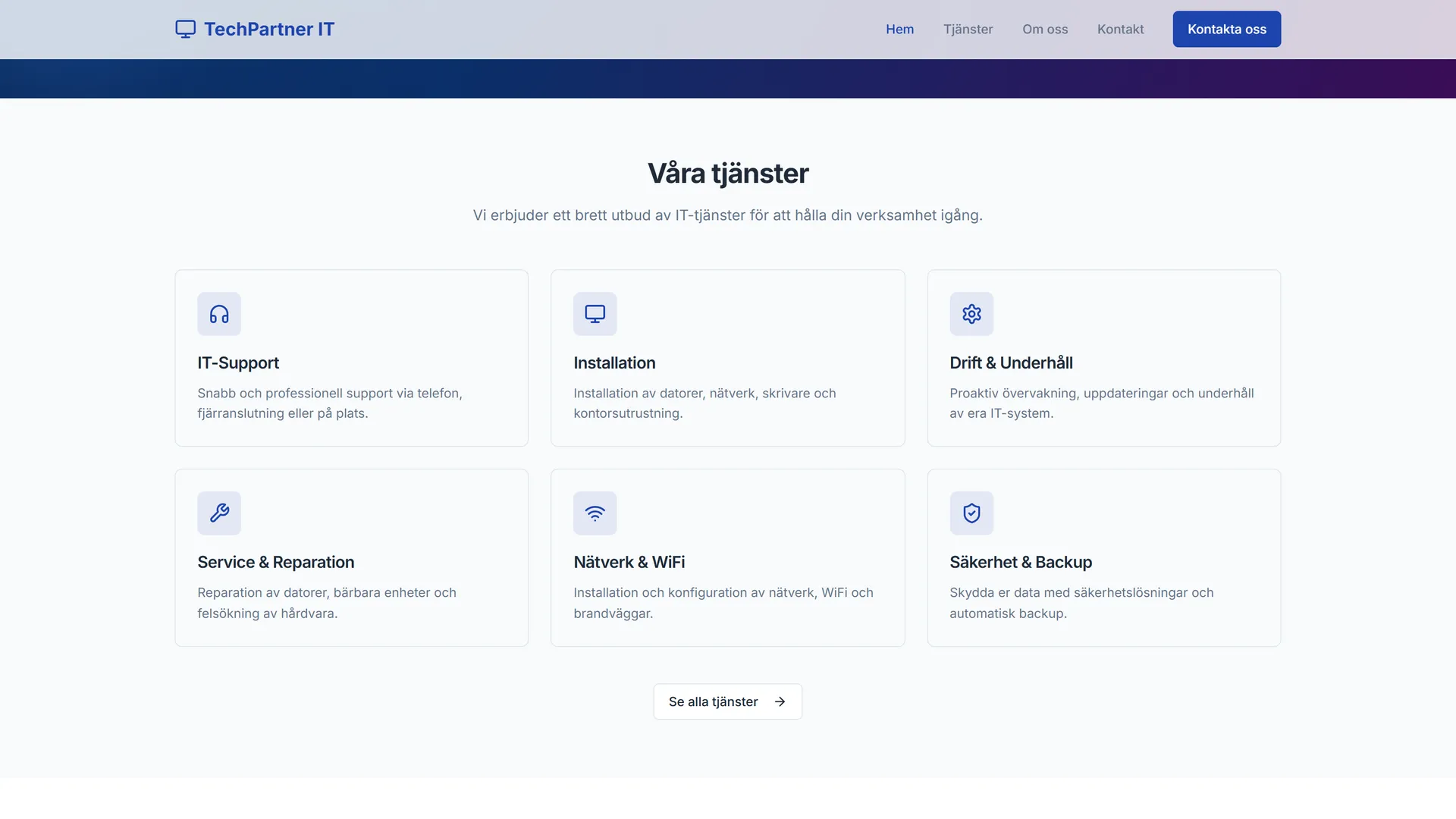 Six IT service cards for support, install, ops, and network