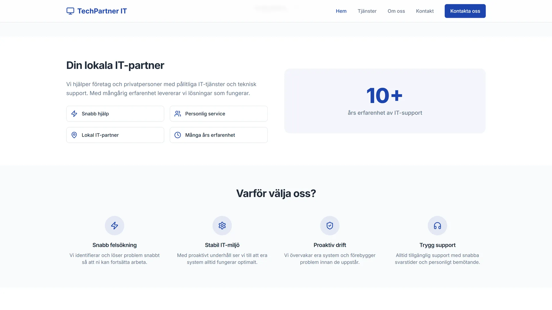 Local IT partner intro with trust pills and why-us columns