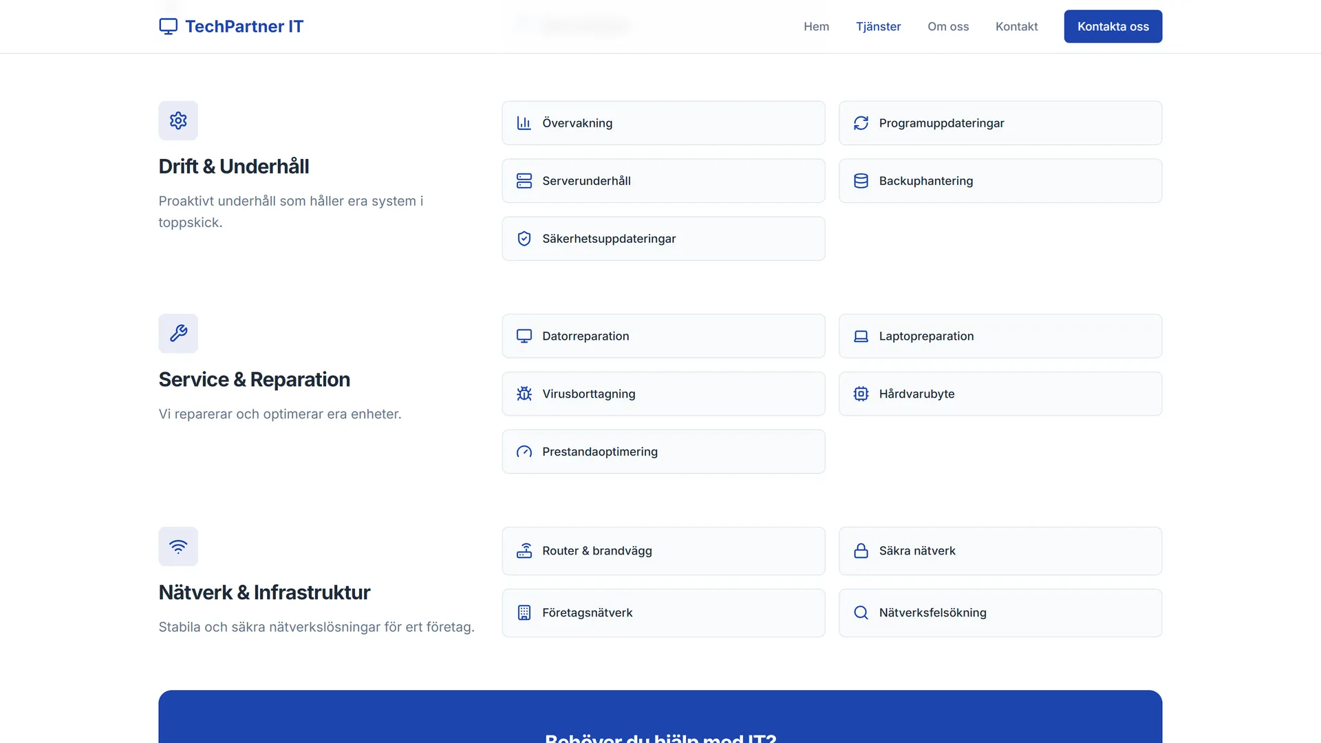 Services page for ops, repair, and network groups