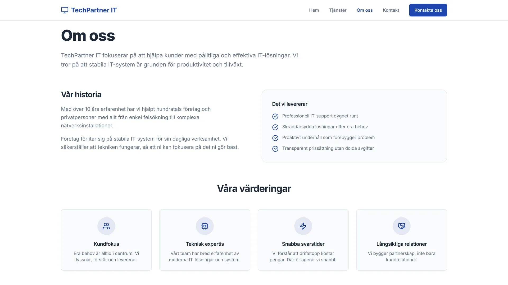 About page with history, deliverables, and value cards