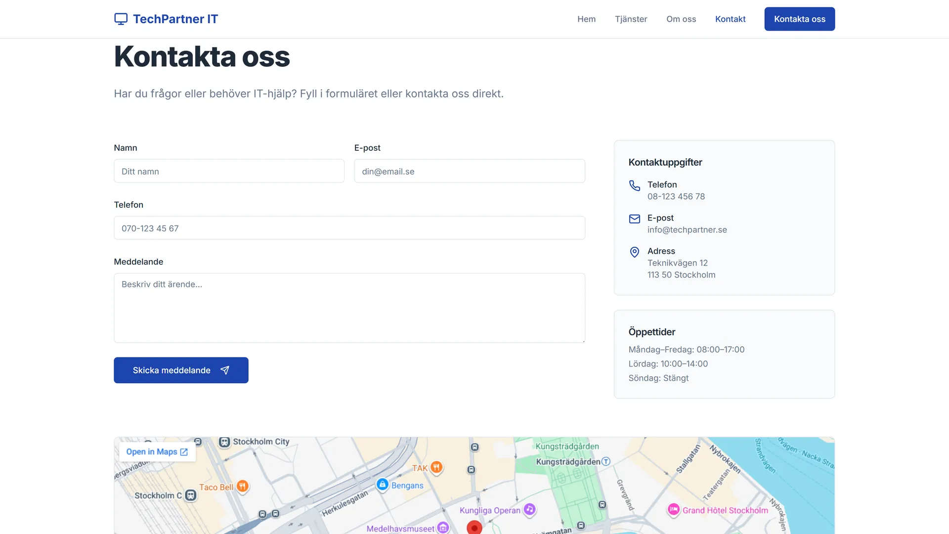 Contact page form beside phone, email, hours, and map