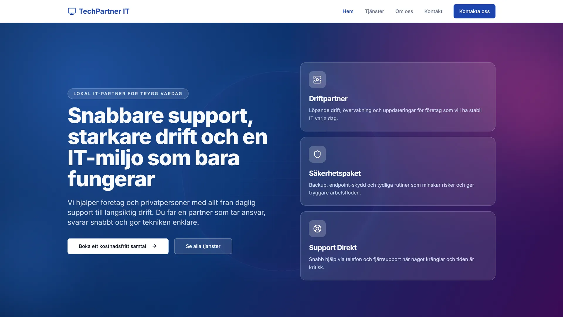 TechPartner IT homepage hero with CTAs and stacked service cards