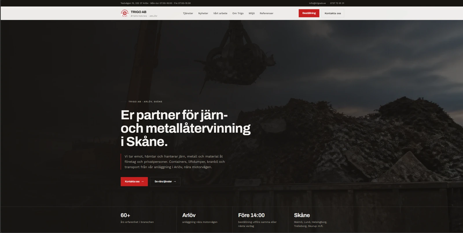 Trigo AB startsida med hero för järn- och metallåtervinning i Skåne