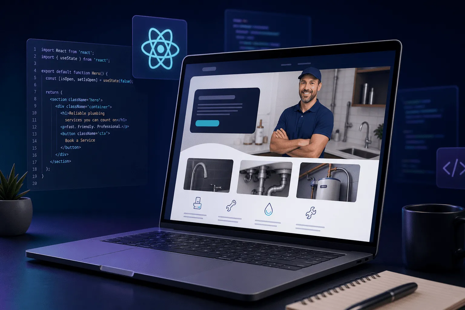 Small business web development: modern marketing website on laptop for local service businesses in Blekinge and Skåne