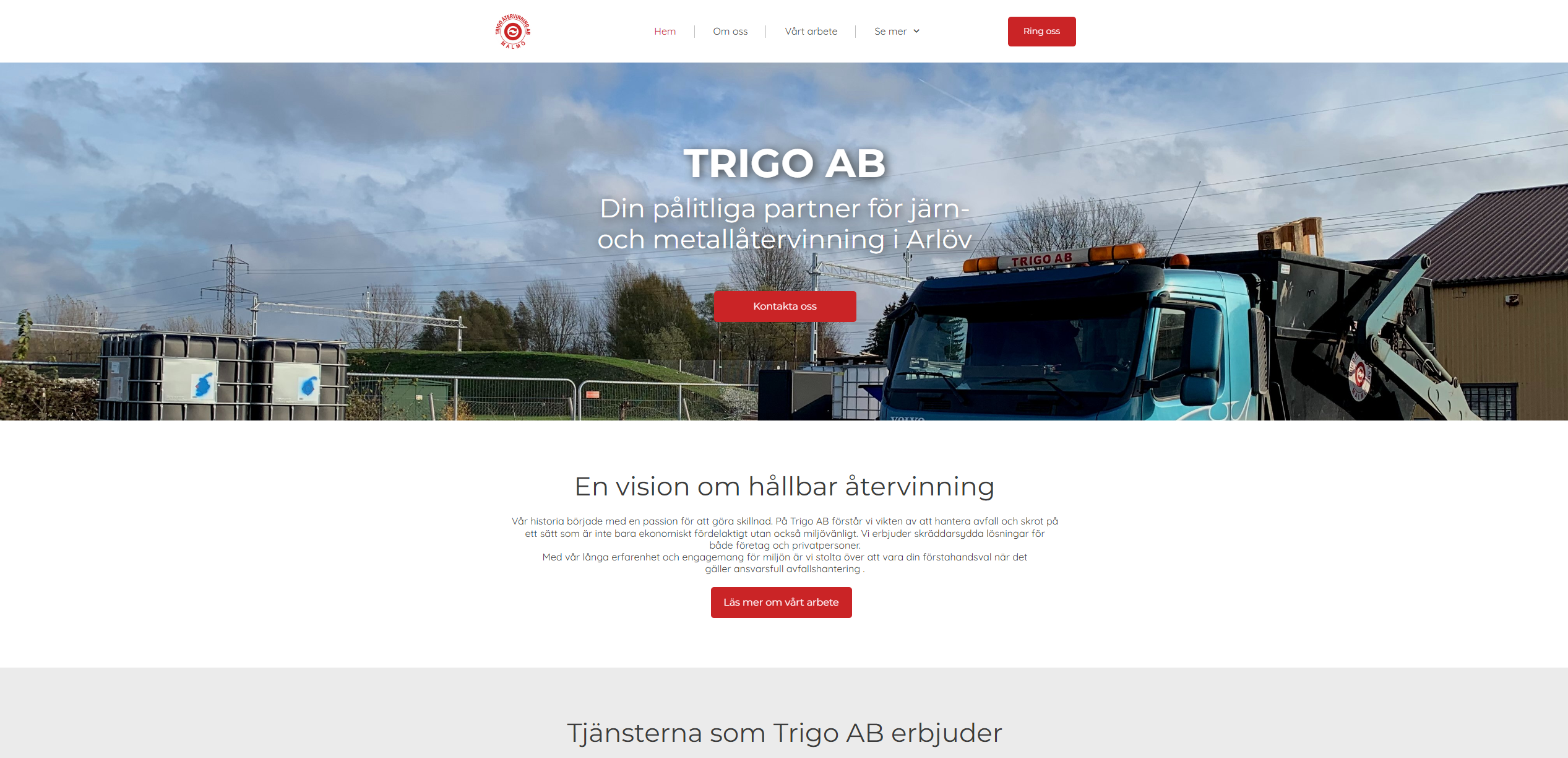 Trigo AB tidigare mallstartsida med hero för järn- och metallåtervinning i Arlöv