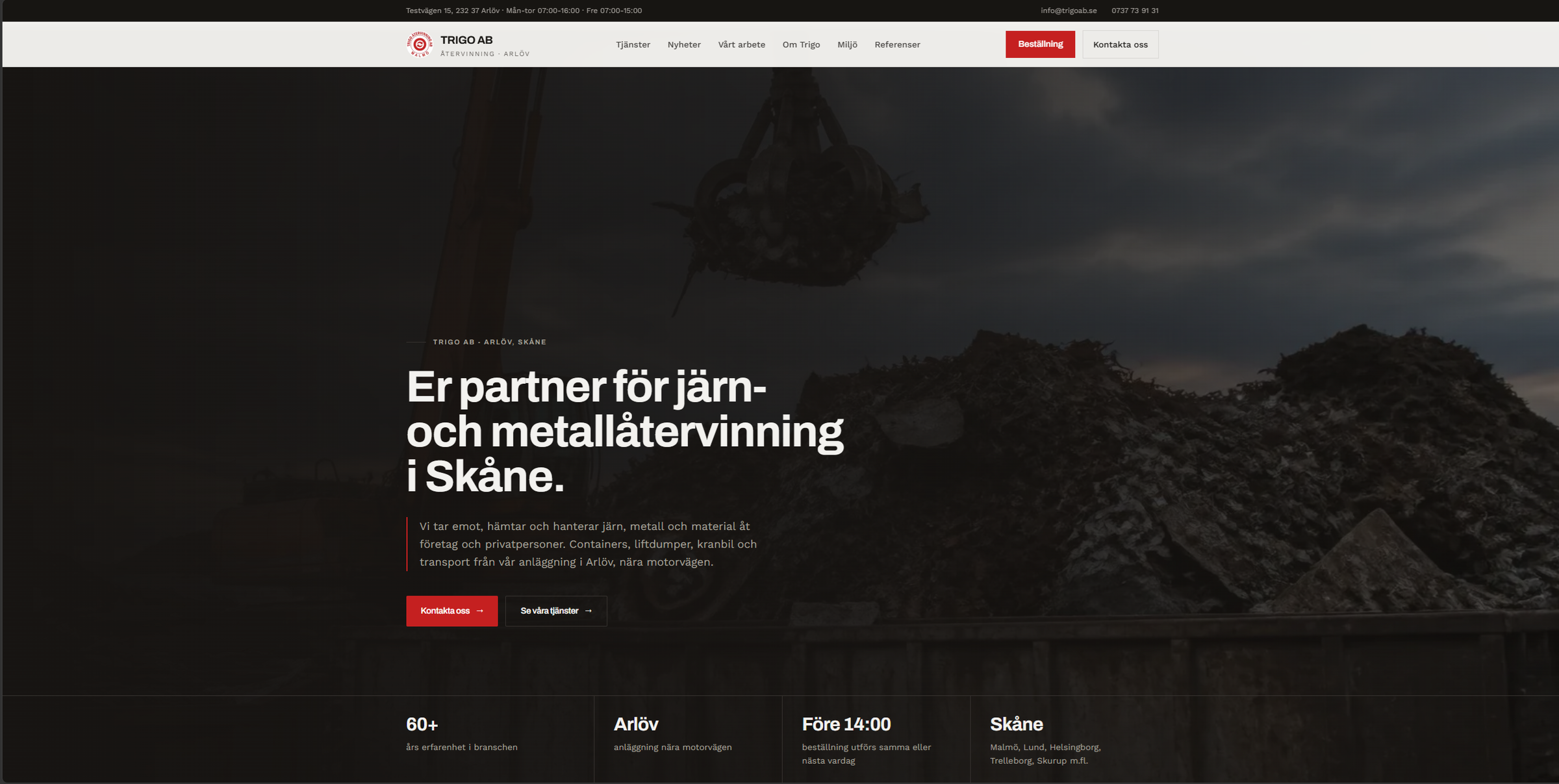Trigo AB desktop startsida med hero efter lansering för järn- och metallåtervinning i Skåne