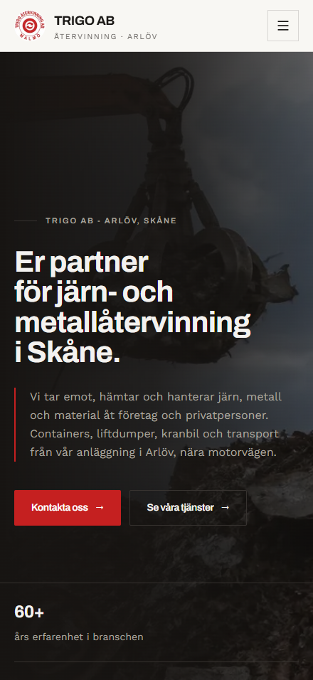 Trigo AB mobil hero efter lansering för järn- och metallåtervinning i Skåne